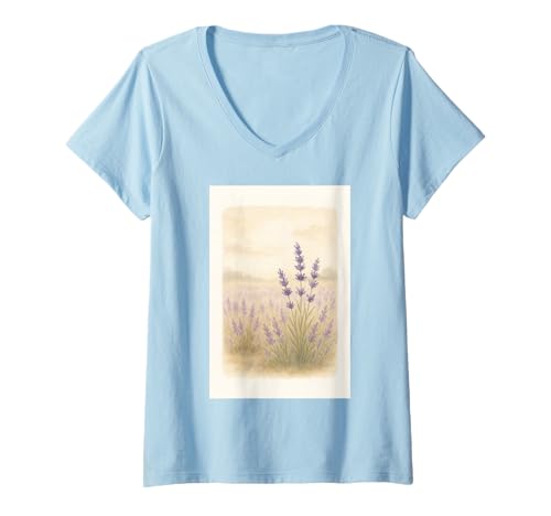 Damen Lavendel Aquarell – Sanftes Naturmotiv Illustration T-Shirt mit V-Ausschnitt von Mental Hug Designs
