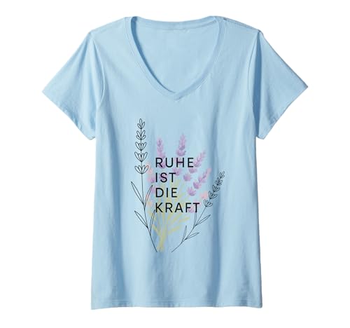 Damen Ruhe ist die Kraft – Lavendelstrauß Illustration T-Shirt mit V-Ausschnitt von Mental Hug Designs