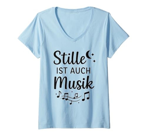 Damen Stille ist auch Musik Spruch Mond Noten Design T-Shirt mit V-Ausschnitt Damen Stille ist auch Musik Spruch Mond Noten Design T-Shirt mit V-Ausschnitt von Mental Hug Designs