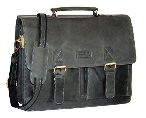 Menzo Aktentasche aus echten Leder, Laptoptasche bis zu 15 Zoll, Vintage Umhängetasche, Messenger bag für Damen und Herren, Ideal für Schule, Uni oder Arbeit (schwarz) von Menzo