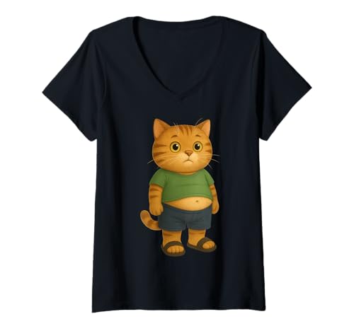 Damen Niedliche Pummelige Cartoon-Katze mit Sommerhumor T-Shirt mit V-Ausschnitt von MeoMix