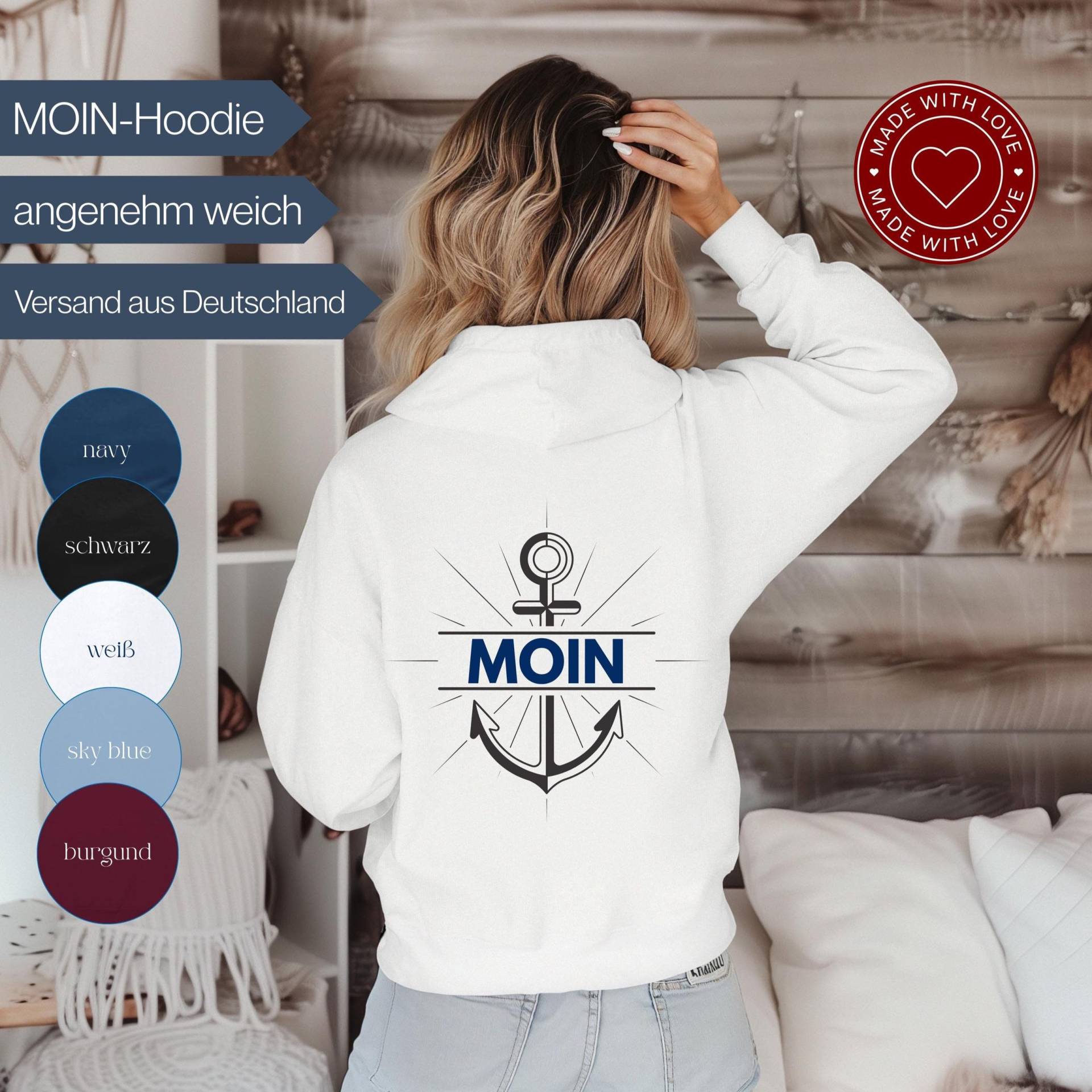 Moin Hoodie Damen/Herren | Moin Pullover Norddeutscher Humor Maritimes Geschenk Deutscher Spruch Kapuzenpullover Nordsee Meer Mode Moin Hoodie Damen/Herren | Moin Pullover Norddeutscher Humor Maritimes Geschenk Deutscher Spruch Kapuzenpullover Nordsee Meer Mode von MeobellaDesigns