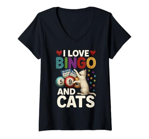 Damen I Love Bingo and Cats Shirt Lustiges Cat and Bingo T-Shirt mit V-Ausschnitt Damen I Love Bingo and Cats Shirt Lustiges Cat and Bingo T-Shirt mit V-Ausschnitt von Meow Magic Market