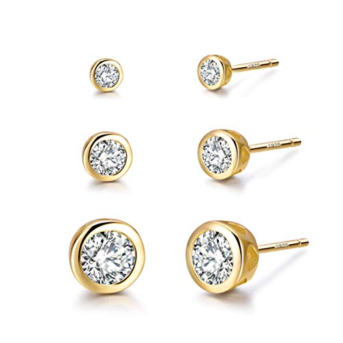 3er Set Ohrringe Silber Stecker Basic Stecker mit Zirkonia in 925 Sterling Silber Piercing Barbell Ohrringe für Frauen(Gold) von Meow Star