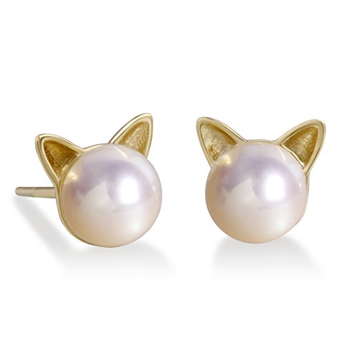 Katze Ohrringe und 925 Sterling Silber Perle Katzen Ohrstecker mit aus 7mm-7,5mm Süßwasser-Zuchtperlen Sterlingsilber Katzenohren für Frauen Mädchen Freundin Tochter (P-CAT-GOLD) von Meow Star