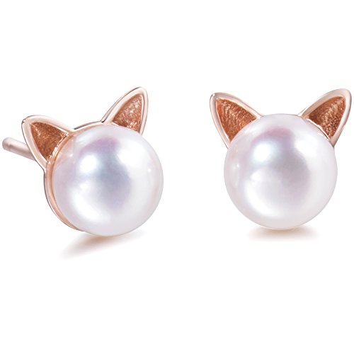 Katze Ohrringe und 925 Sterling Silber Perle Katzen Ohrstecker mit aus 7mm-7,5mm Süßwasser-Zuchtperlen Sterlingsilber Katzenohren für Frauen Mädchen Freundin Tochter (P-CAT-ROSE) von Meow Star