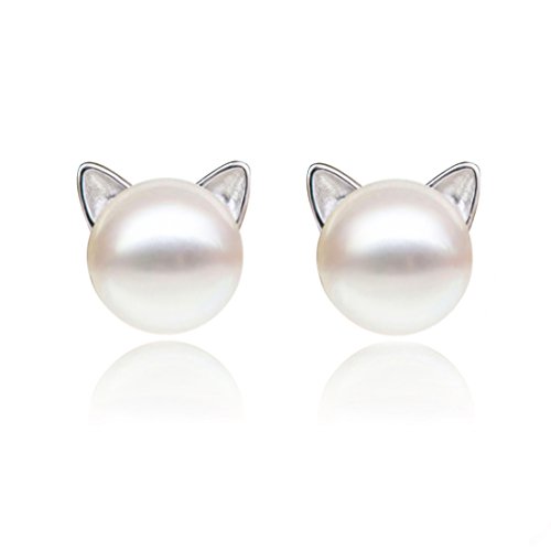 Katze Ohrringe und 925 Sterling Silber Perle Katzen Ohrstecker mit aus 7mm-7,5mm Süßwasser-Zuchtperlen Sterlingsilber Katzenohren für Frauen Mädchen Freundin Tochter (P-CAT-SILVER) von Meow Star