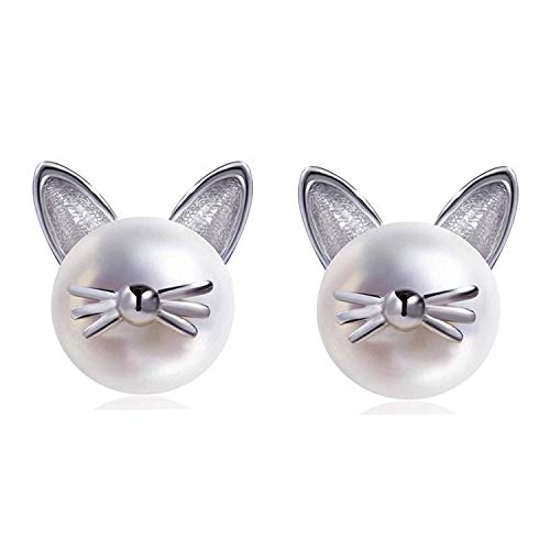 Katze Ohrringe und 925 Sterling Silber Perle Katzen Ohrstecker mit aus 7mm-7,5mm Süßwasser-Zuchtperlen Sterlingsilber Katzenohren für Frauen Mädchen Freundin Tochter (Silber) von Meow Star