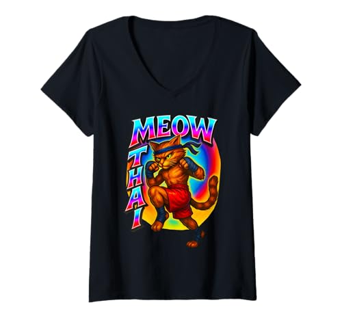Damen Lustiges Meow Thai Muay Thai Cat Fighter Wortspiel Papa Witz T-Shirt mit V-Ausschnitt von Meow Thai Muay Thai Cat Fighter Pun Dad Jokes