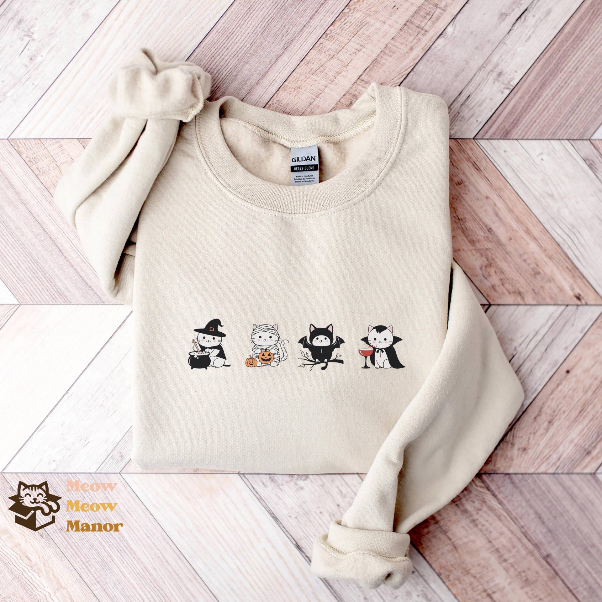 Niedlicher Kawaii Halloween Katzen Pullover, Hexe Mumie Fledermaus Vampir, Katzenliebhaber Sweatshirt, Kitty Herbst Rundhals Katzenbesitzer Geschenke von MeowMeowManor