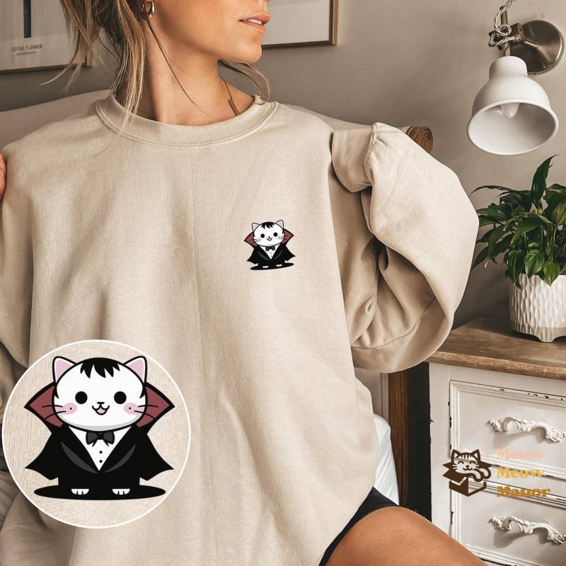 Niedlicher Kawaii Vampir Fledermaus Dracula Katze Halloween Pullover, Katzenliebhaber Sweatshirt, Kitty Herbst Rundhalsausschnitt, Katzenbesitzer von MeowMeowManor