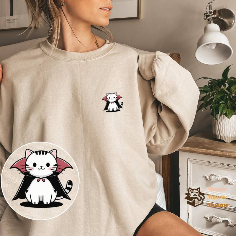 Niedliches Kawaii Dracula Vampir Untote Katze Halloween Pullover, Katzenliebhaber Sweatshirt, Kitty Herbst Rundhalsausschnitt, Katzenbesitzer von MeowMeowManor