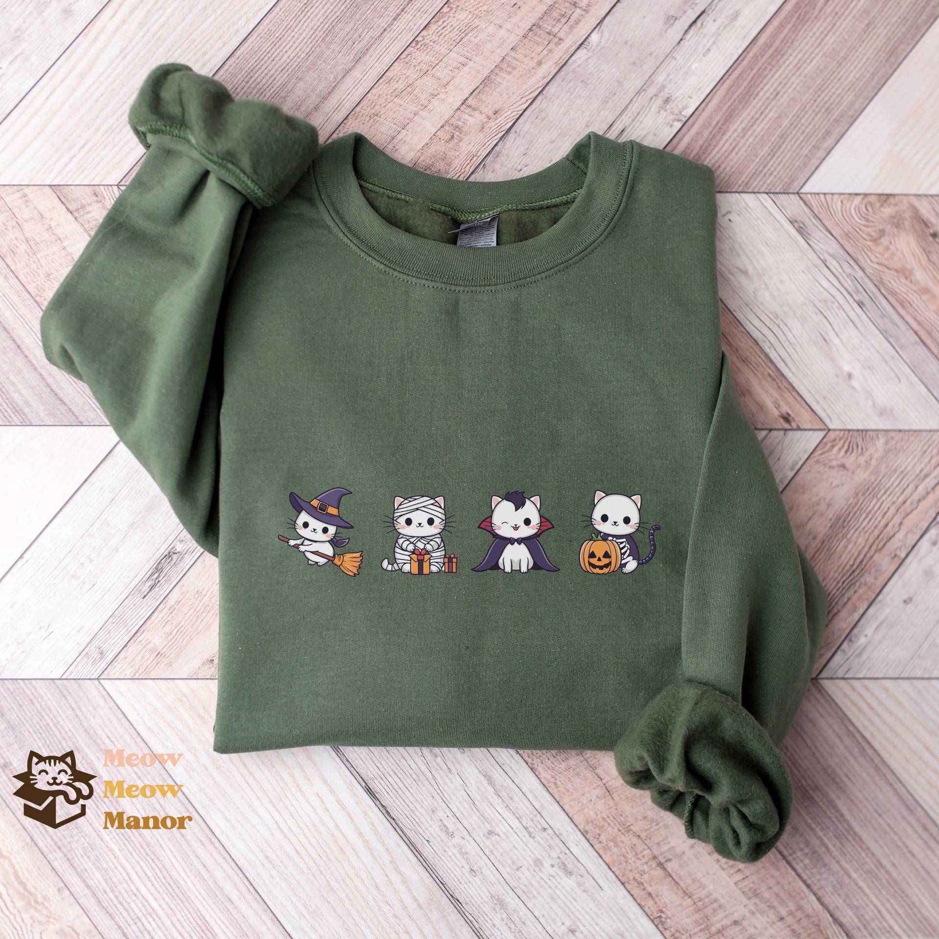 Niedliches Kawaii Halloween Katzen Sweatshirt, Hexe, Vampir, Geist, Katzenliebhaber Kitty Herbst Rundhalsausschnitt, Geschenke Für Katzenbesitzer von MeowMeowManor