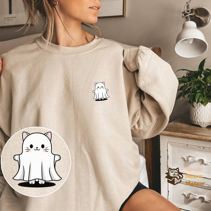 Süßer Kawaii Geist Katzen Halloween Pullover, Liebhaber Sweatshirt, Kitty Herbst Rundhalsausschnitt, Katzenbesitzer Geschenke von MeowMeowManor