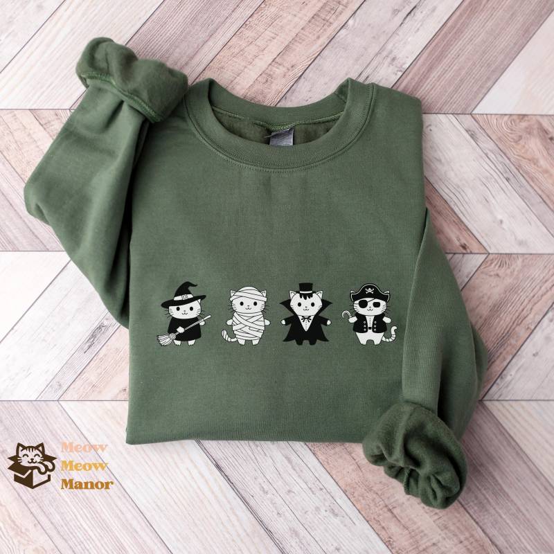 Süßer Kawaii Halloween Katzen Pullover, Hexe Mumie Vampir Pirat, Liebhaber Sweatshirt, Kitty Herbst Shirt, Rundhals, Geschenke Für Katzenbesitzer von MeowMeowManor