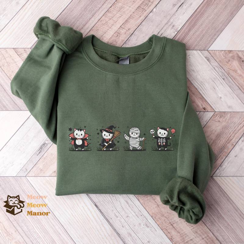 Süßer Kawaii Halloween Katzen Pullover, Vampir Hexe Mumie Skelett, Liebhaber Sweatshirt, Kitty Herbst Shirt Rundhals, Geschenke Für Katzenbesitzer von MeowMeowManor