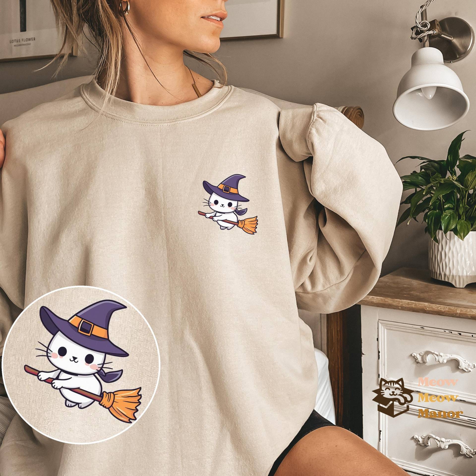 Süßer Kawaii Hexe Katze Halloween Pullover, Katzenliebhaber Sweatshirt, Kitty Herbst Rundhalsausschnitt, Katzenbesitzer Geschenke, Geschenk Für von MeowMeowManor
