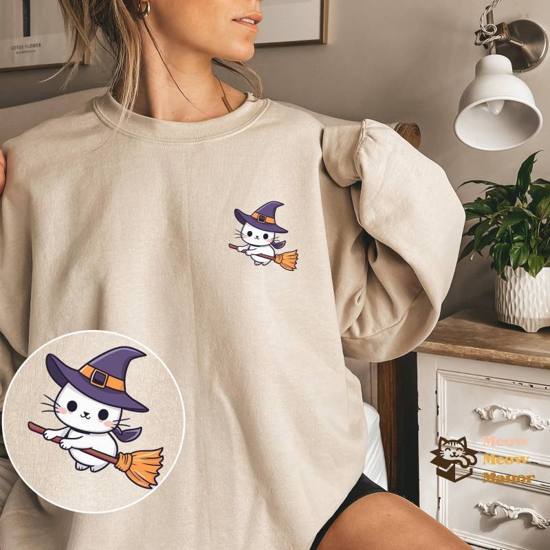 Süßer Kawaii Hexe Katze Halloween Pullover, Katzenliebhaber Sweatshirt, Kitty Herbst Rundhalsausschnitt, Katzenbesitzer Geschenke, Geschenk Für von MeowMeowManor