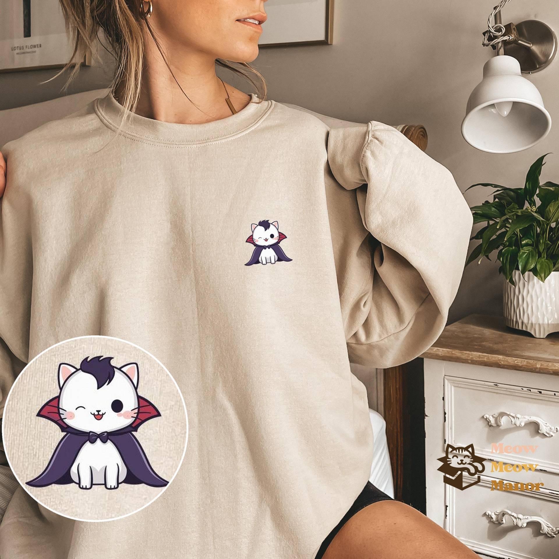 Süßer Kawaii Vampir Dracula Fledermaus Katze Halloween Pullover, Katzenliebhaber Sweatshirt, Kitty Herbst Rundhalsausschnitt, Katzenbesitzer von MeowMeowManor
