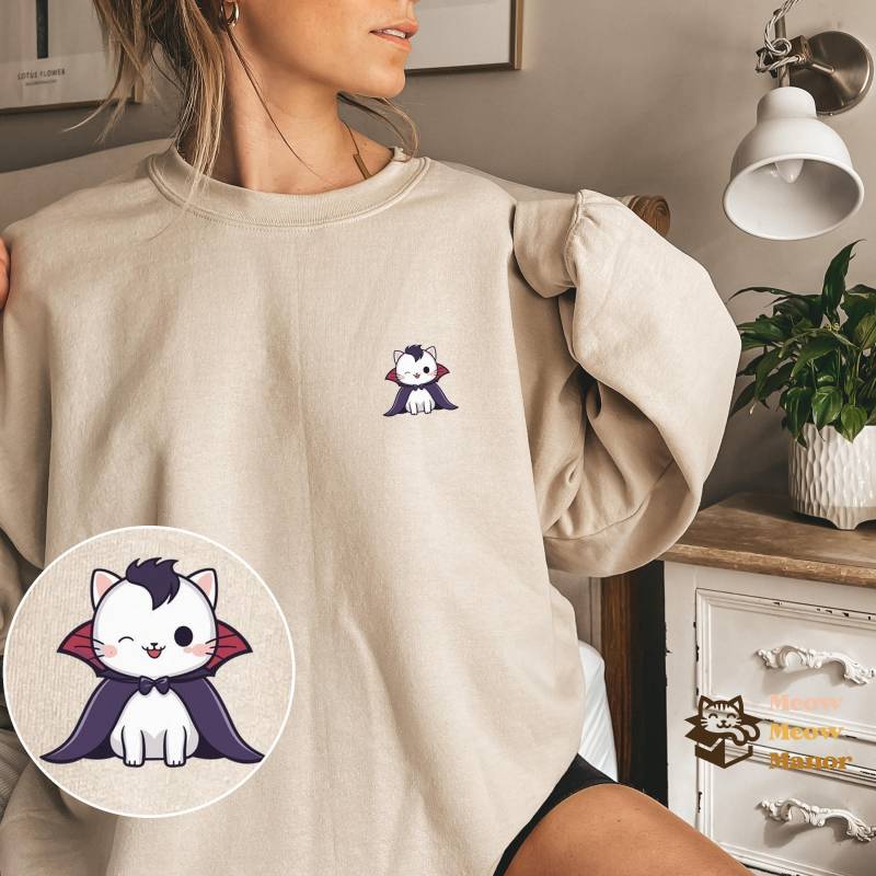 Süßer Kawaii Vampir Dracula Fledermaus Katze Halloween Pullover, Katzenliebhaber Sweatshirt, Kitty Herbst Rundhalsausschnitt, Katzenbesitzer von MeowMeowManor