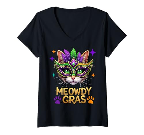 Damen Meowdi Gras Mardi Gras Katzenliebhaber New Orleans Louisiana USA T-Shirt mit V-Ausschnitt Damen Meowdi Gras Mardi Gras Katzenliebhaber New Orleans Louisiana USA T-Shirt mit V-Ausschnitt von Meowdi Gras Mardi Gras Cat New Orleans Louisiana