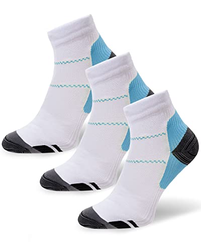 Meowoo Running Kompressionssocken 3 Paare Wandersocken Laufsocken Compression Socks Trekkingsocken für Herren Damen, Geeignet für Fußgröße 34-46 (Blau und Weiß L/XL) von Meowoo