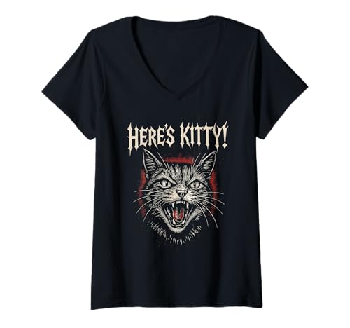 Damen Metal Music Rock Cat Death Metal Graphic Here's Kitty T-Shirt mit V-Ausschnitt Damen Metal Music Rock Cat Death Metal Graphic Here's Kitty T-Shirt mit V-Ausschnitt von Meowtal Merch