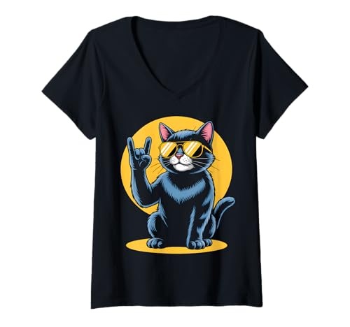 Damen Cat Rock Musik T-Shirt mit V-Ausschnitt Damen Cat Rock Musik T-Shirt mit V-Ausschnitt von Meowtal Vibes Co.