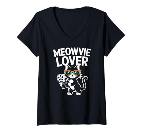 Damen Meowvie Lover Cat Movie Brille Spule, Klapperboard T-Shirt mit V-Ausschnitt Damen Meowvie Lover Cat Movie Brille Spule, Klapperboard T-Shirt mit V-Ausschnitt von Meowvie Lover Cat Movie Reel Clapper