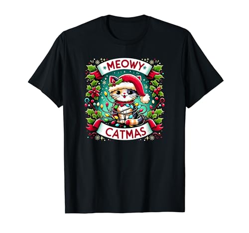 Meowy Catmas Cute Funny Cat Christmas Xmas T-Shirt, Unisex-Erwachsene und Kinder, Schwarz, S, Kurzarm, T-Shirt, Cartoon, Weihnachten, Winter von Meowy Catmas Cute Funny Cat Christmas Xmas