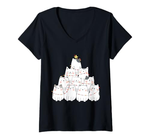 Damen Katze Weihnachtsbaum Xmas Urlaub Männer Frauen Kinder Meowy Catmas T-Shirt mit V-Ausschnitt Damen Katze Weihnachtsbaum Xmas Urlaub Männer Frauen Kinder Meowy Catmas T-Shirt mit V-Ausschnitt von Meowy Catmas Shirt Cat Christmas Gifts