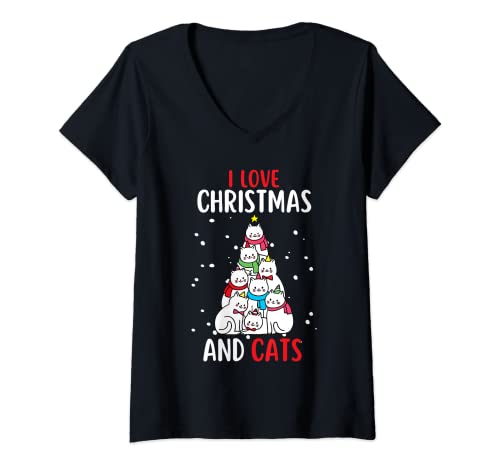 Damen I Love Christmas and Cats Katze Weihnachten T-Shirt mit V-Ausschnitt von Meowy Christmas Katzen Weihnachtsdekoration