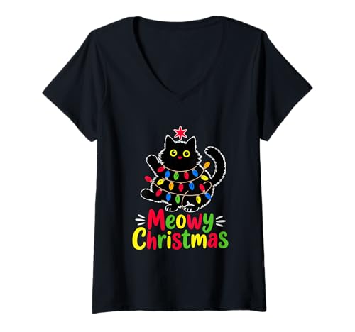 Damen Meowy Weihnachtslichter, Schwarze Katze, lustige Männer, Frauen, Kinder T-Shirt mit V-Ausschnitt Damen Meowy Weihnachtslichter, Schwarze Katze, lustige Männer, Frauen, Kinder T-Shirt mit V-Ausschnitt von Meowy Christmas Xmas Light Black Cat Pajama Family