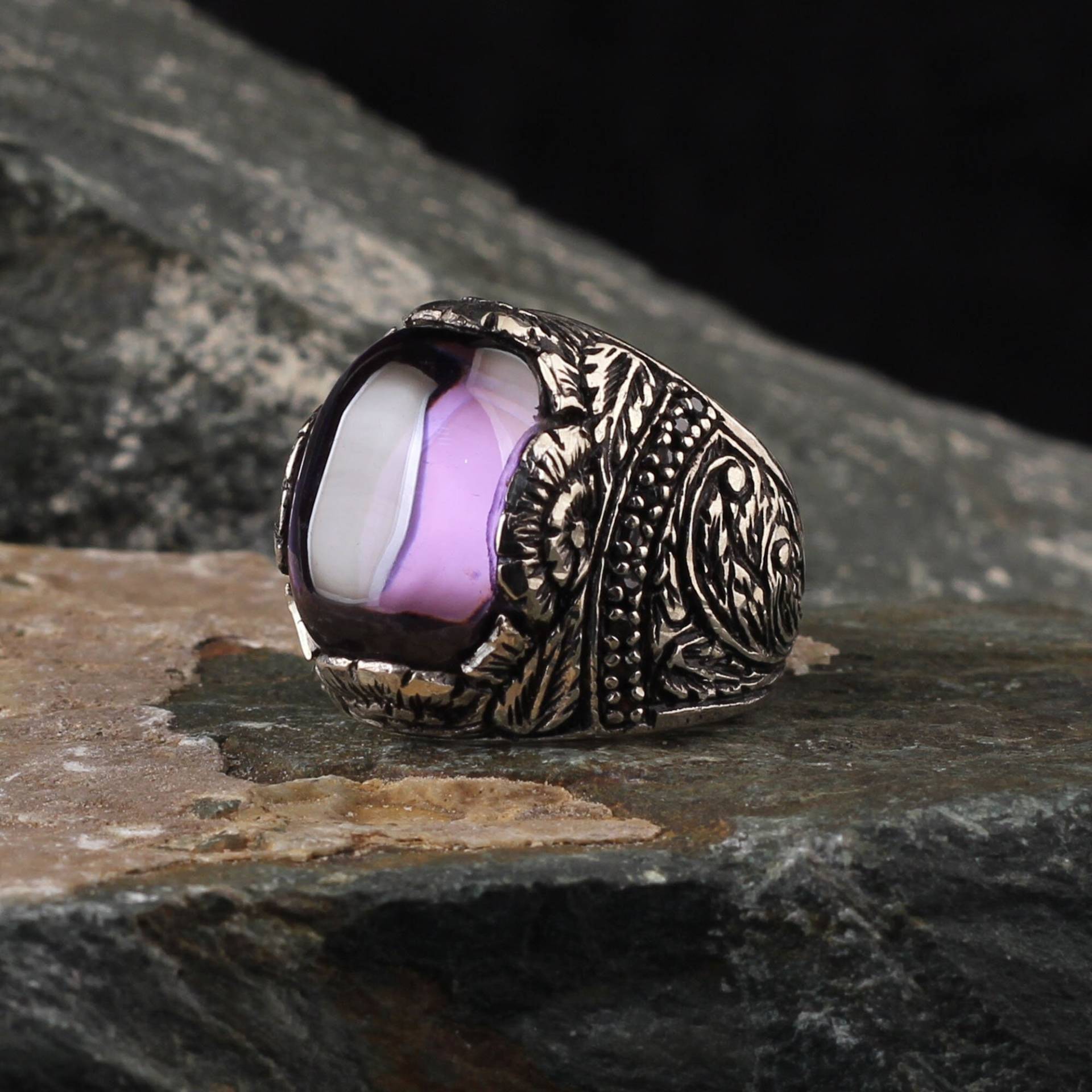Amethyst Ring, Mann Sterling Silber Edelstein Handgefertigt Ring 925 Antik Geschenk Für Ehemann, Vatertagsgeschenk von MerSilverCo