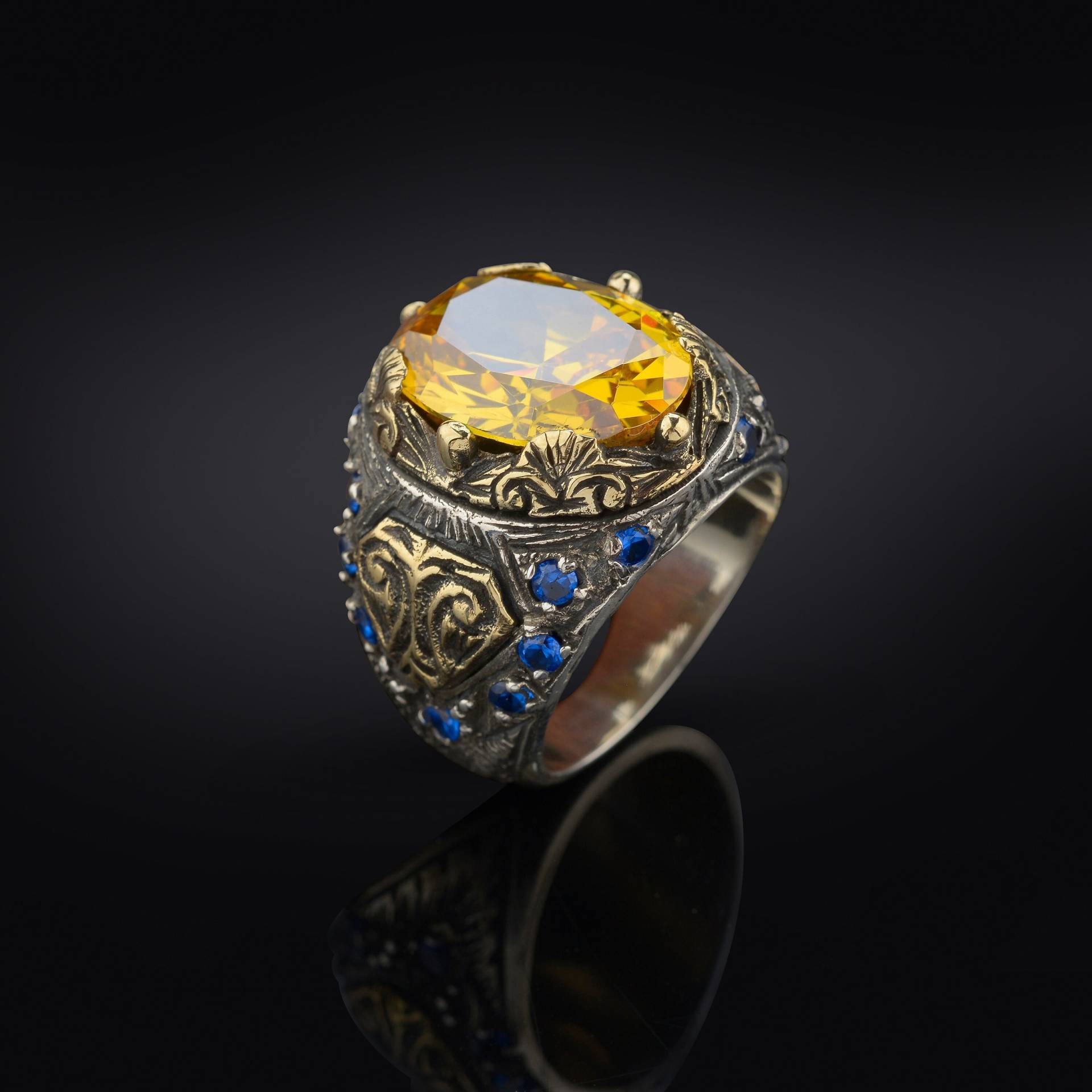 Citrin Edelstein Ring, Sterling Silber Herren Antik Stil Ringe, Mann Türkisch Handarbeit Vintage Ringe Für Männer Geschenke von MerSilverCo