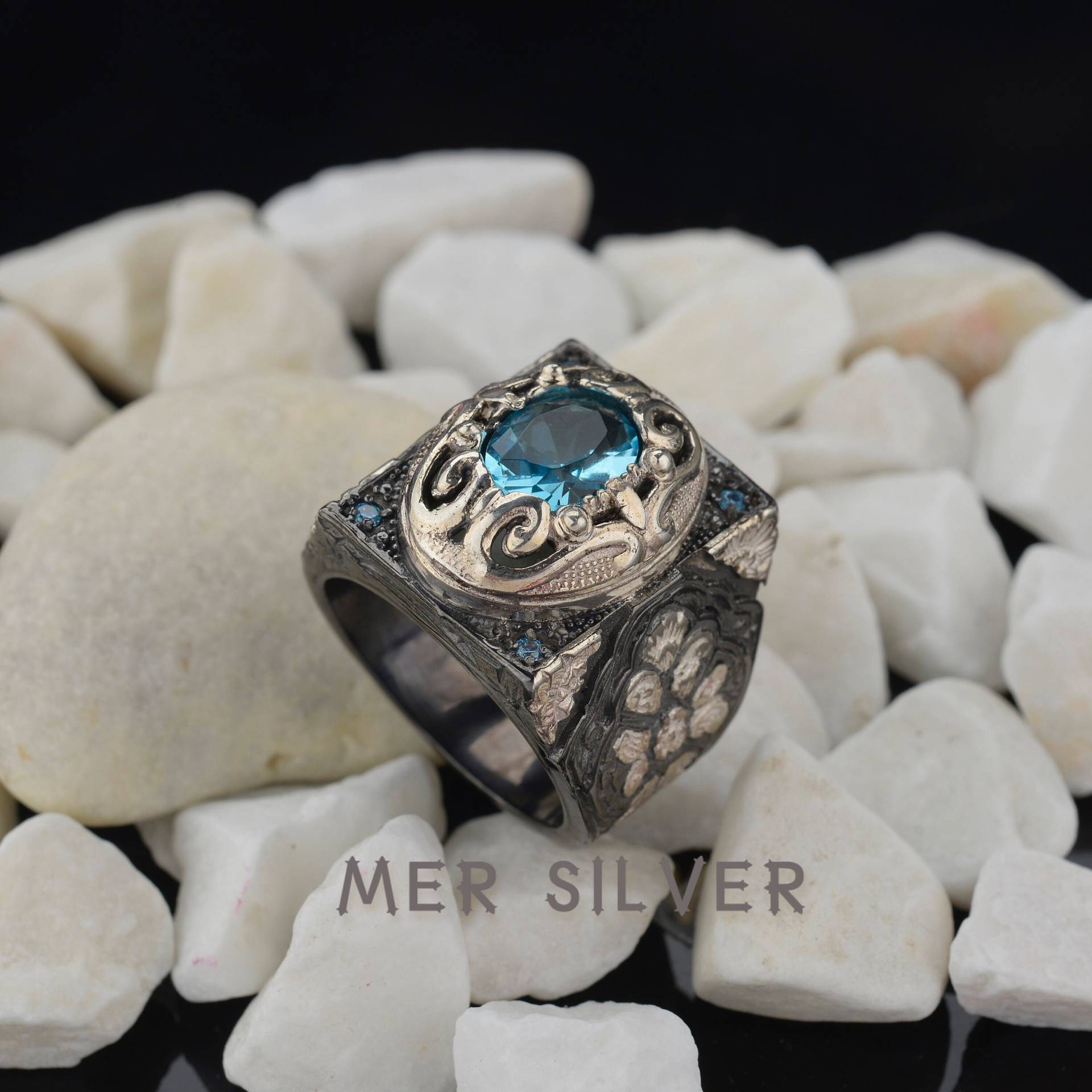 Mann Ring Transparent Ocean Blue Farbe Vintage Stil Ring, 925 Sterlin Silber Handarbeit Herren Geschenk Für Ihn von MerSilverCo