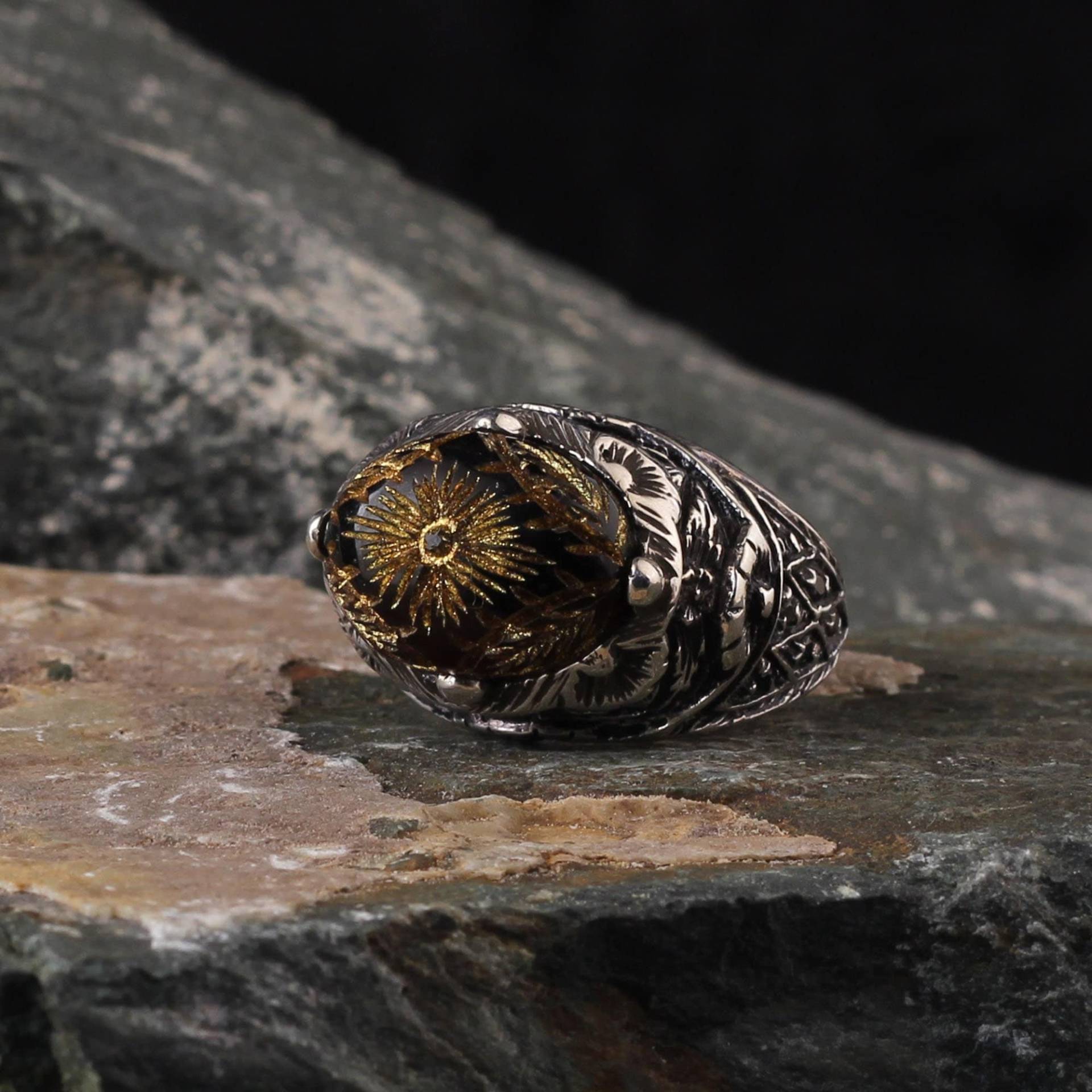 Onyx Silber Ring, Einzigartiger Oxidierter Herrenring, Handgemachter Ring Mann, Geschenk Für Ihn, Herrenschmuck, Antiker von MerSilverCo