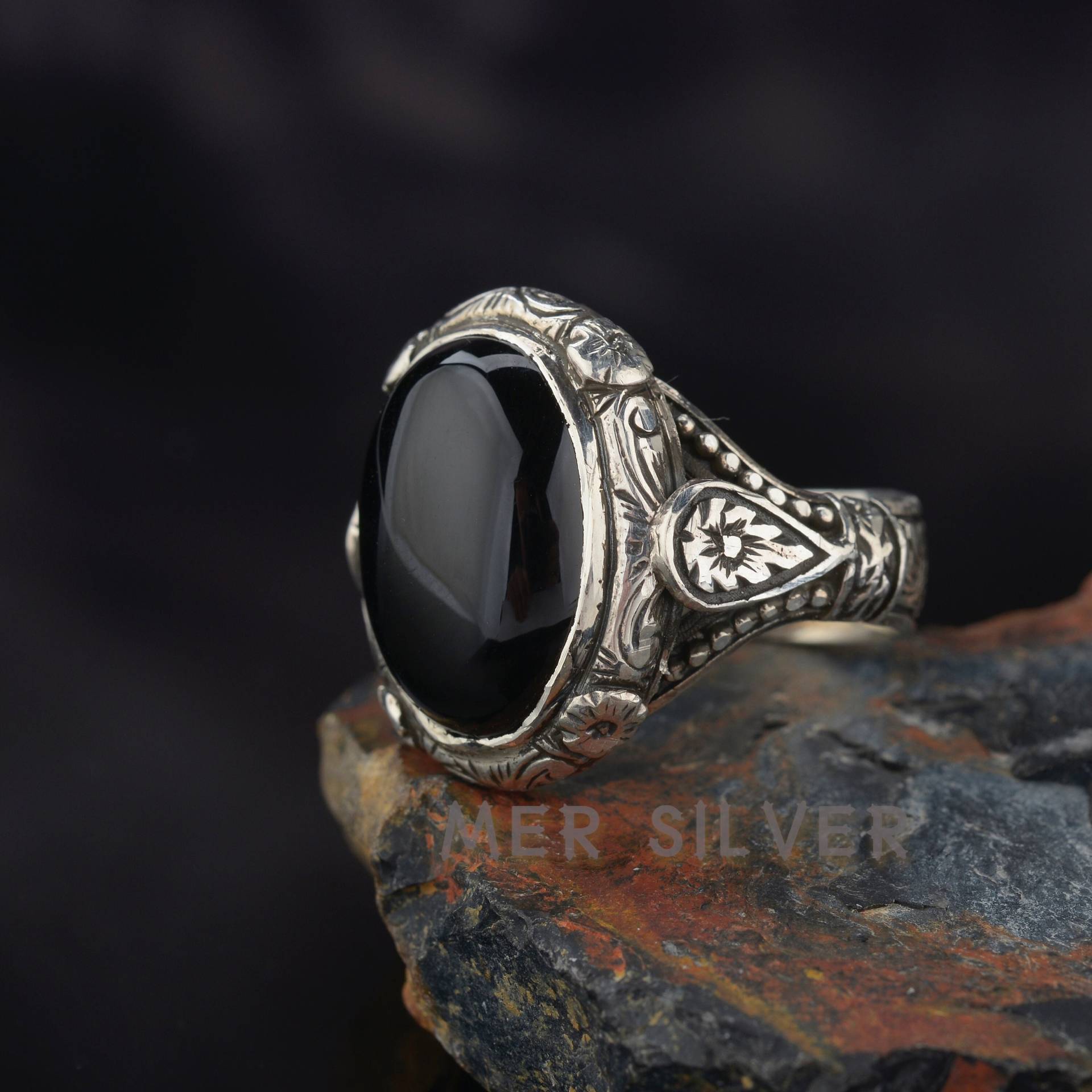 Onyx Silber Ring, Herren Einzigartiger Oxidierter Herrenring, Handgemachter Ring Mann, Geschenk Für Ihn, Herrenschmuck, Antik Mann von MerSilverCo