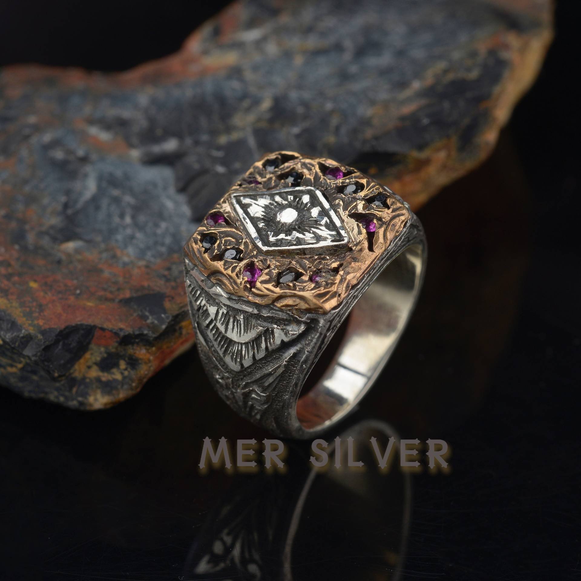 sterling Silber Herrenring, Einzigartiger Oxidierter Ring, Handgemachter Geschenk Für Ihn, Herrenschmuck, Antiker Herrenring von MerSilverCo