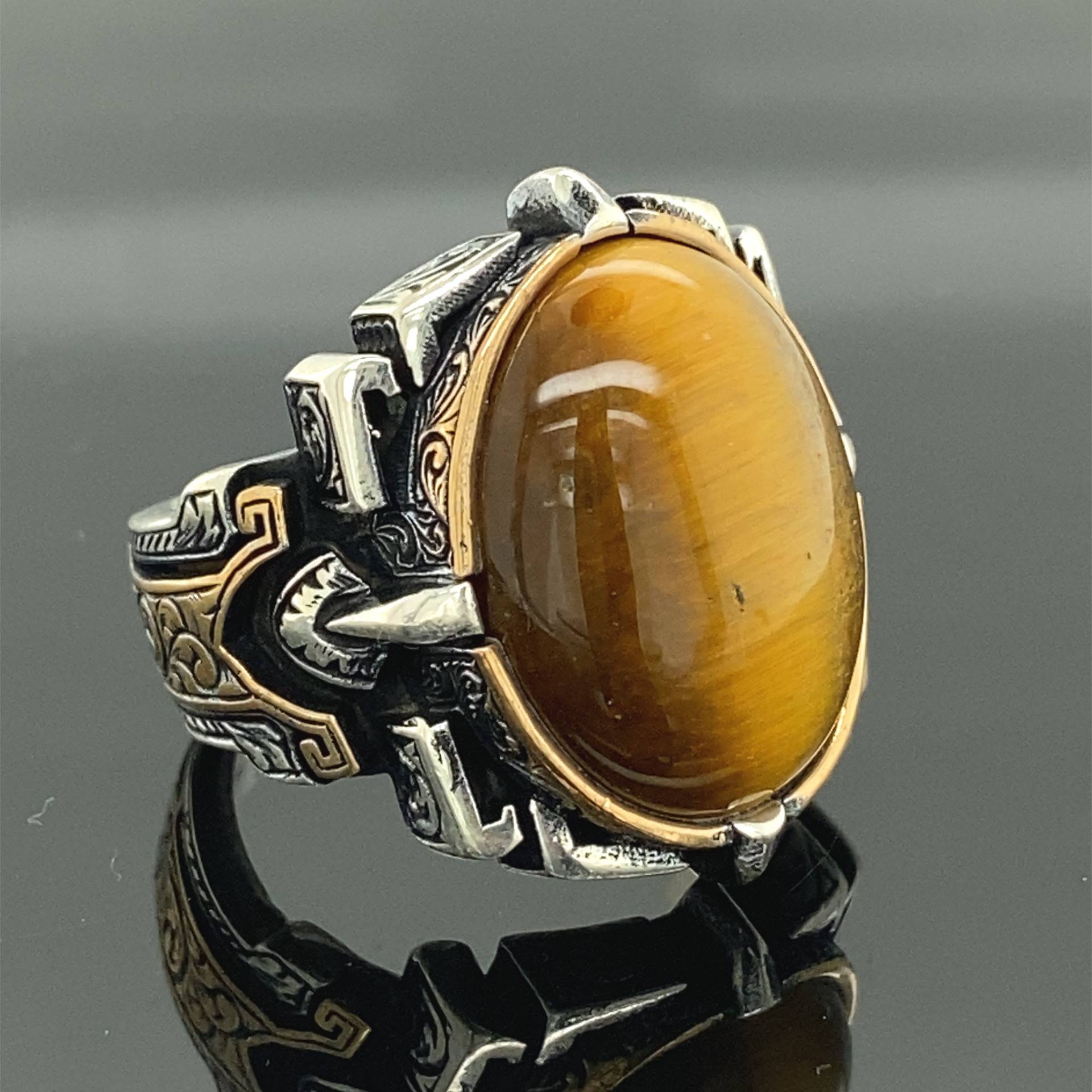 Herren Handgemachter Ring , Tigerauge Stein Edelstein Turkısh Handarbeit 925K Sterling Silber Geschenk Für Ihn von MercansilverTR