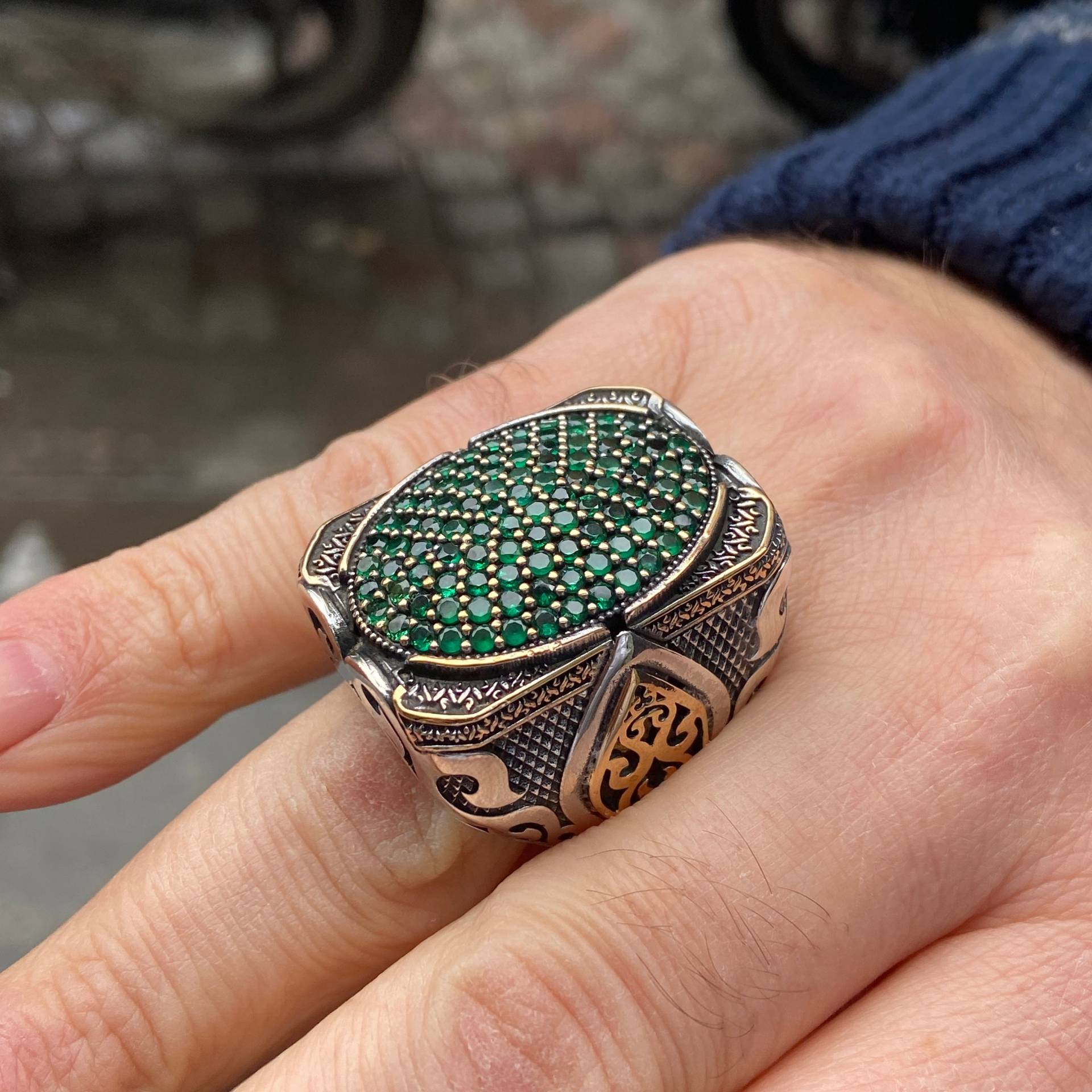 Herren Ring, Großer Grüner Stein Turkısh Handarbeit Silber Sterling Vintage Schmuck, Geschenk Für Ihn von MercansilverTR