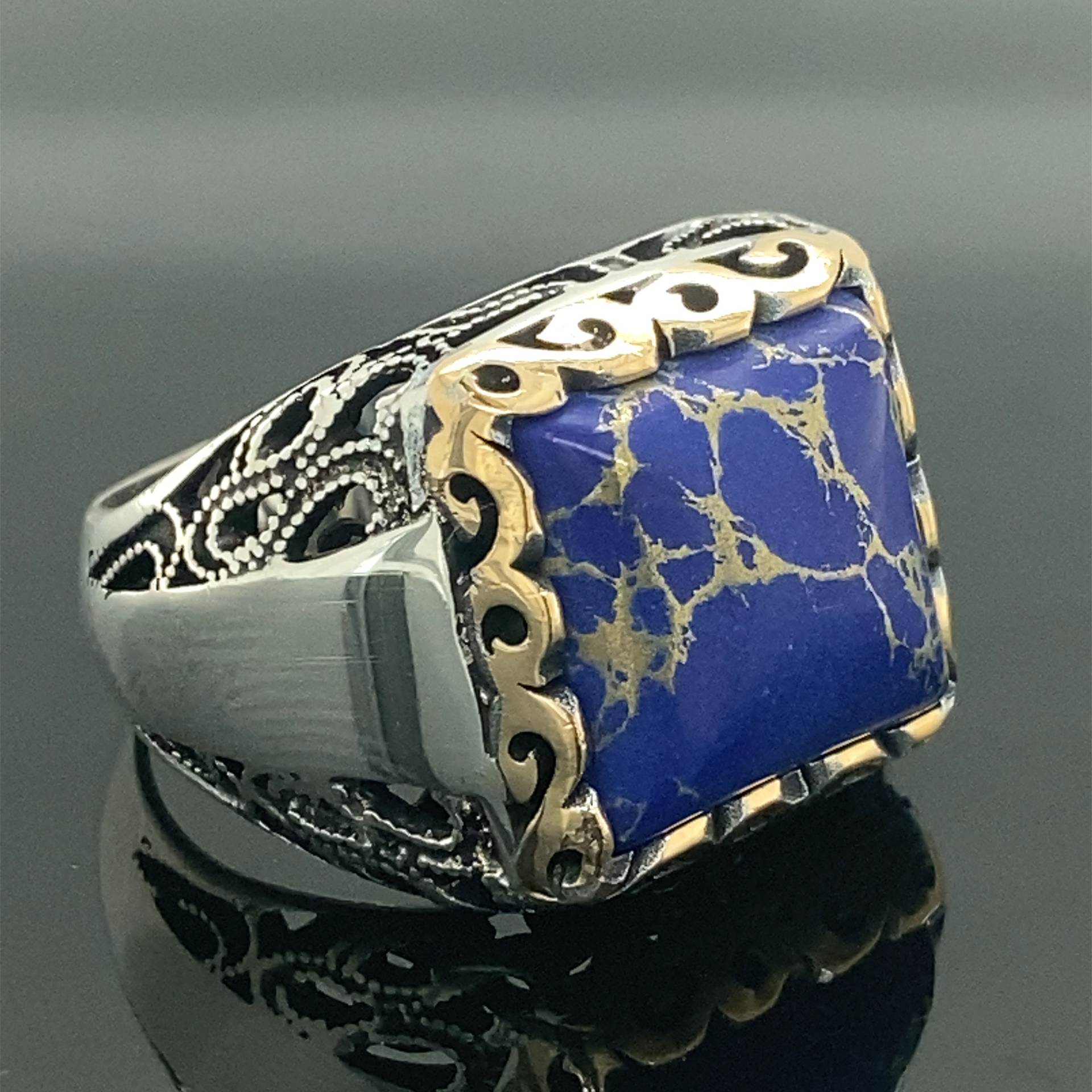 Lapis Lazuli Herren Silber Ring, Sterling Schmuck, Naturstein, Blauer Signet Herrenring, 925K Ring von MercansilverTR