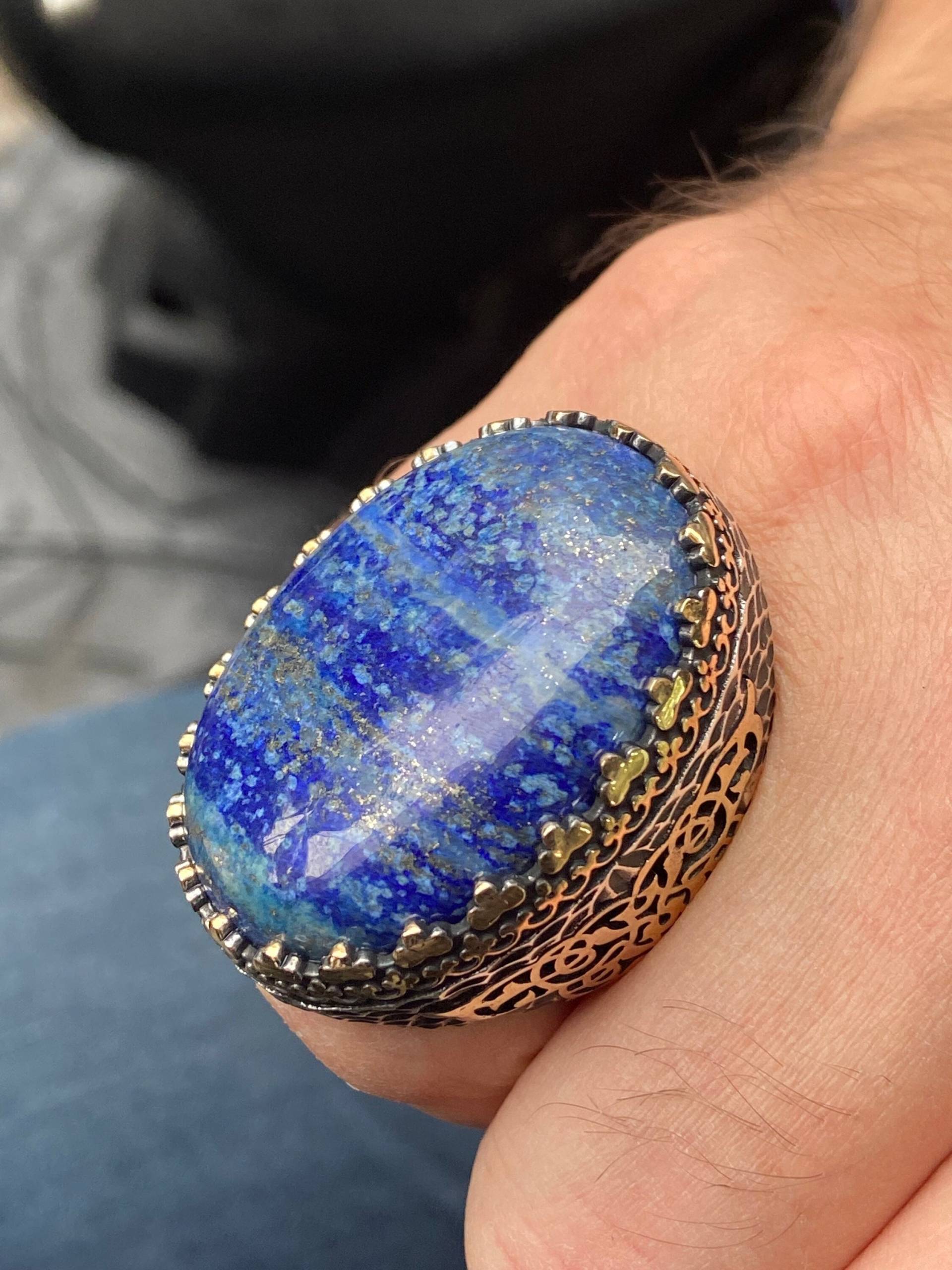 Lapis Lazuli Ring, Herren Silber Großer Turkısh Handarbeit Blauer Signet 925K Sterling Ring von MercansilverTR