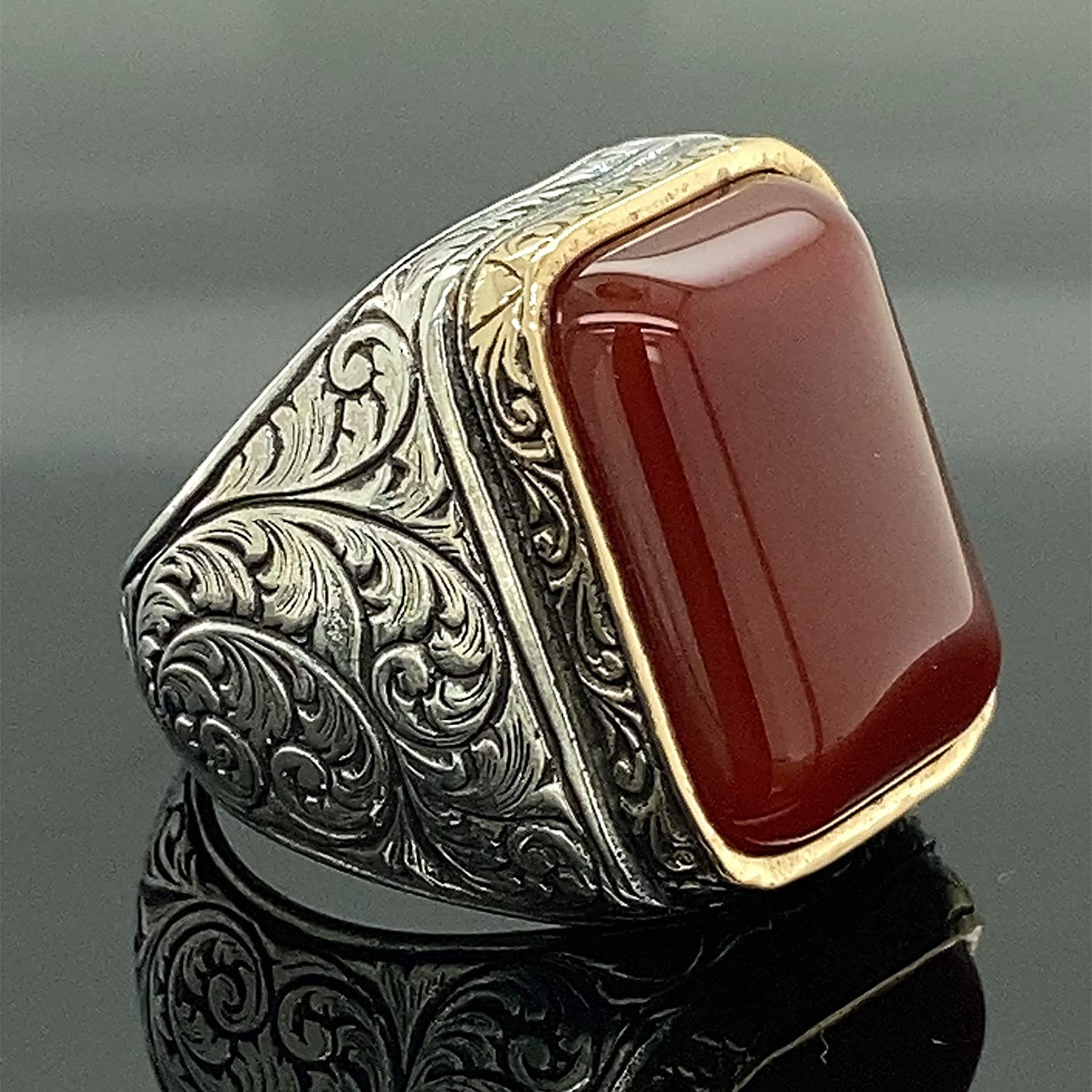 Männer Handgemachter Ring, Roter Achat Dunkler Aqeeq Edelstein Ring Ottoman Style, 925K Sterling Silber, Geschenk Für Ihn von MercansilverTR