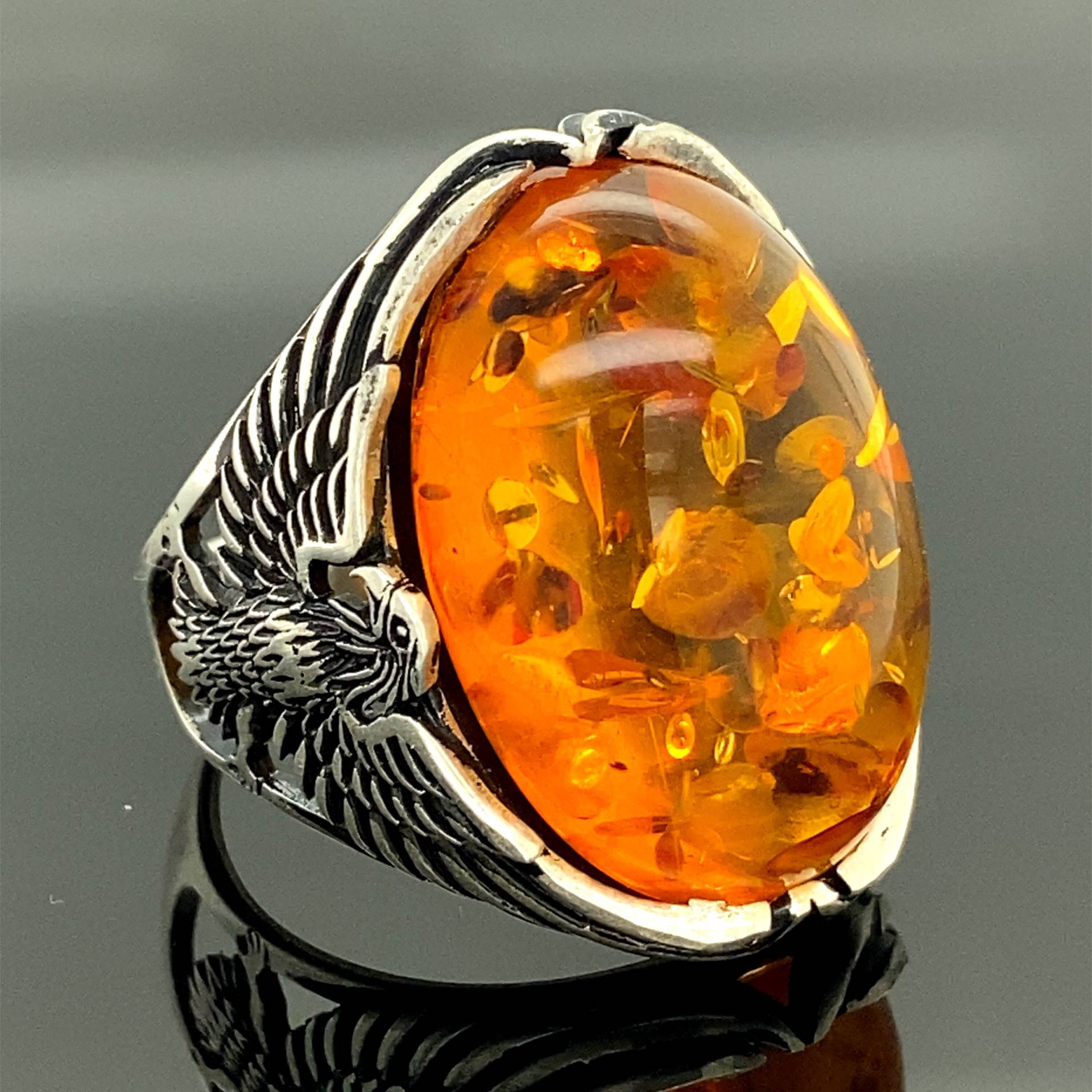 Männer Handgemachter Silberring, Bernstein Oval Edelstein Herrenring, Adler Dargestellt, Ottoman Schmuck, 925 Sterling Silber Ring, Geschenke Für Ihn von MercansilverTR