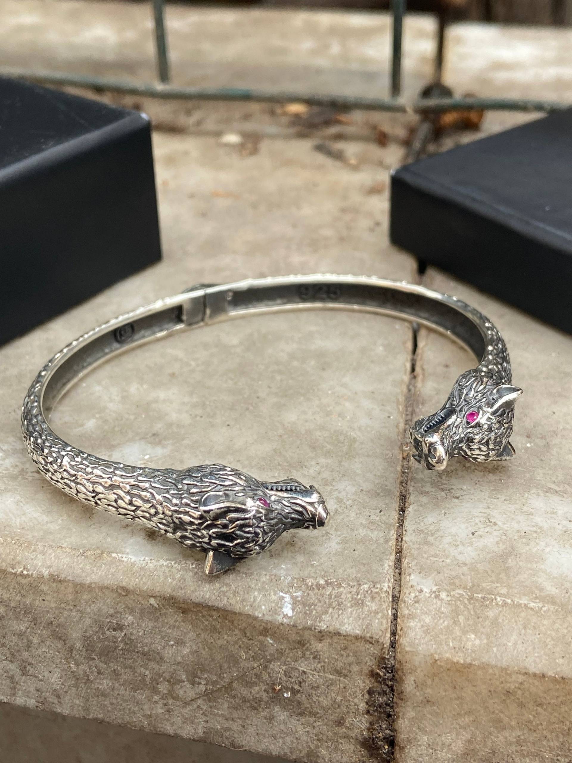 Männer Sterling Silber Wolf Armband , Kopf Verstellbares Handgemachtes Wikinger 925K von MercansilverTR