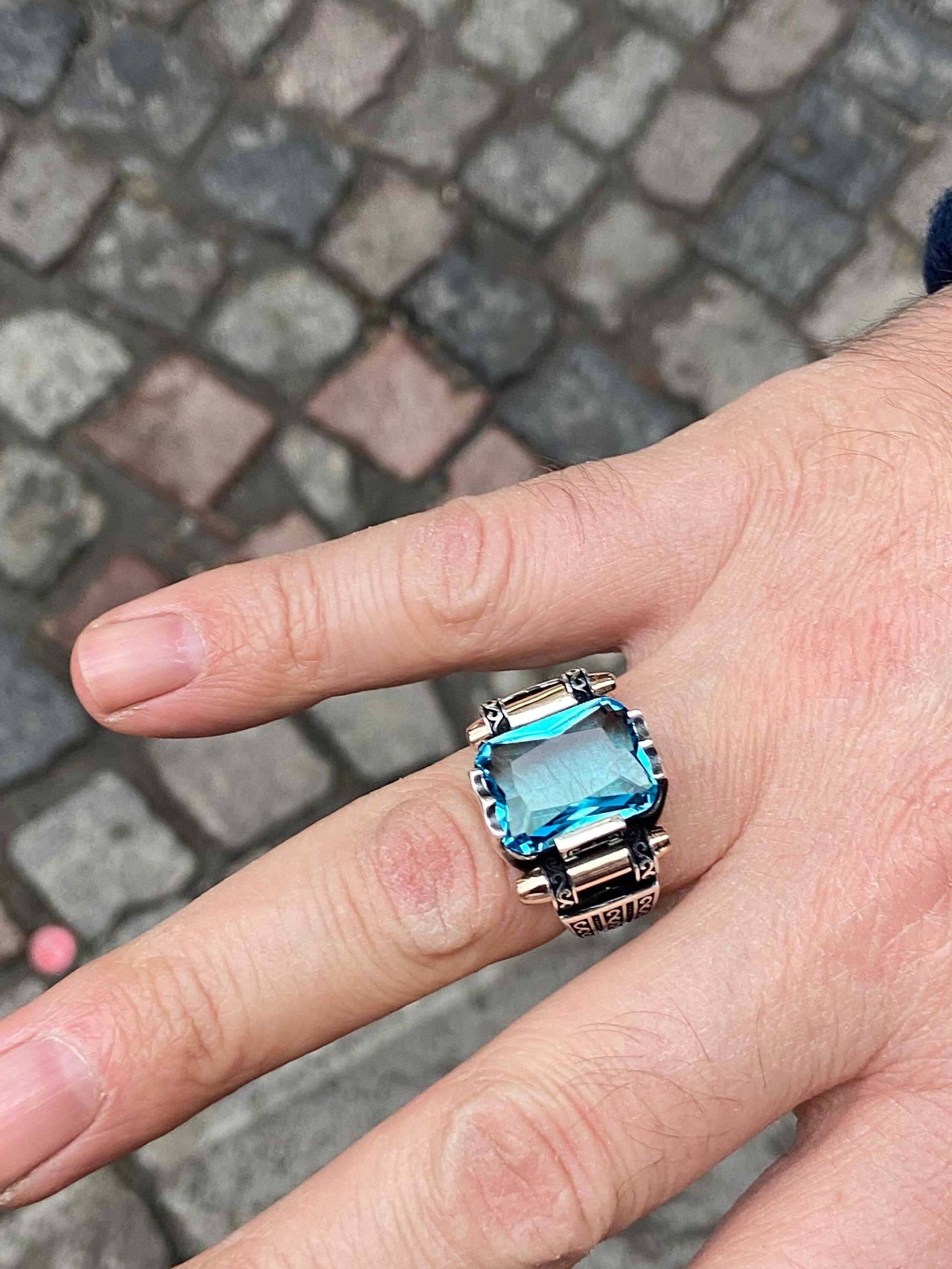 Mann Silber Aquamarin Stein Ring, Blauer Vintage Männer Turkısh Ottoman 925K Sterling Ring von MercansilverTR