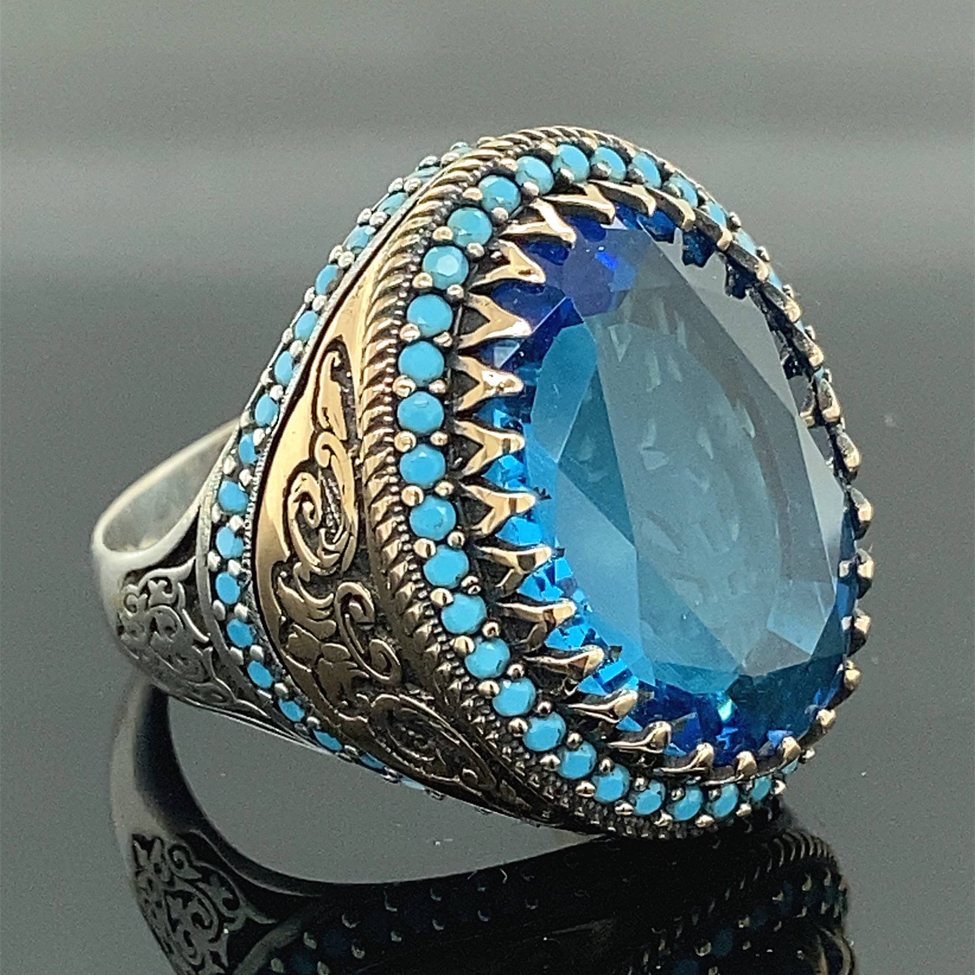 Mann Silber Aquamarin Stein Ring , Blauer Micro Vintage Herren Turkısh Ottoman 925K von MercansilverTR