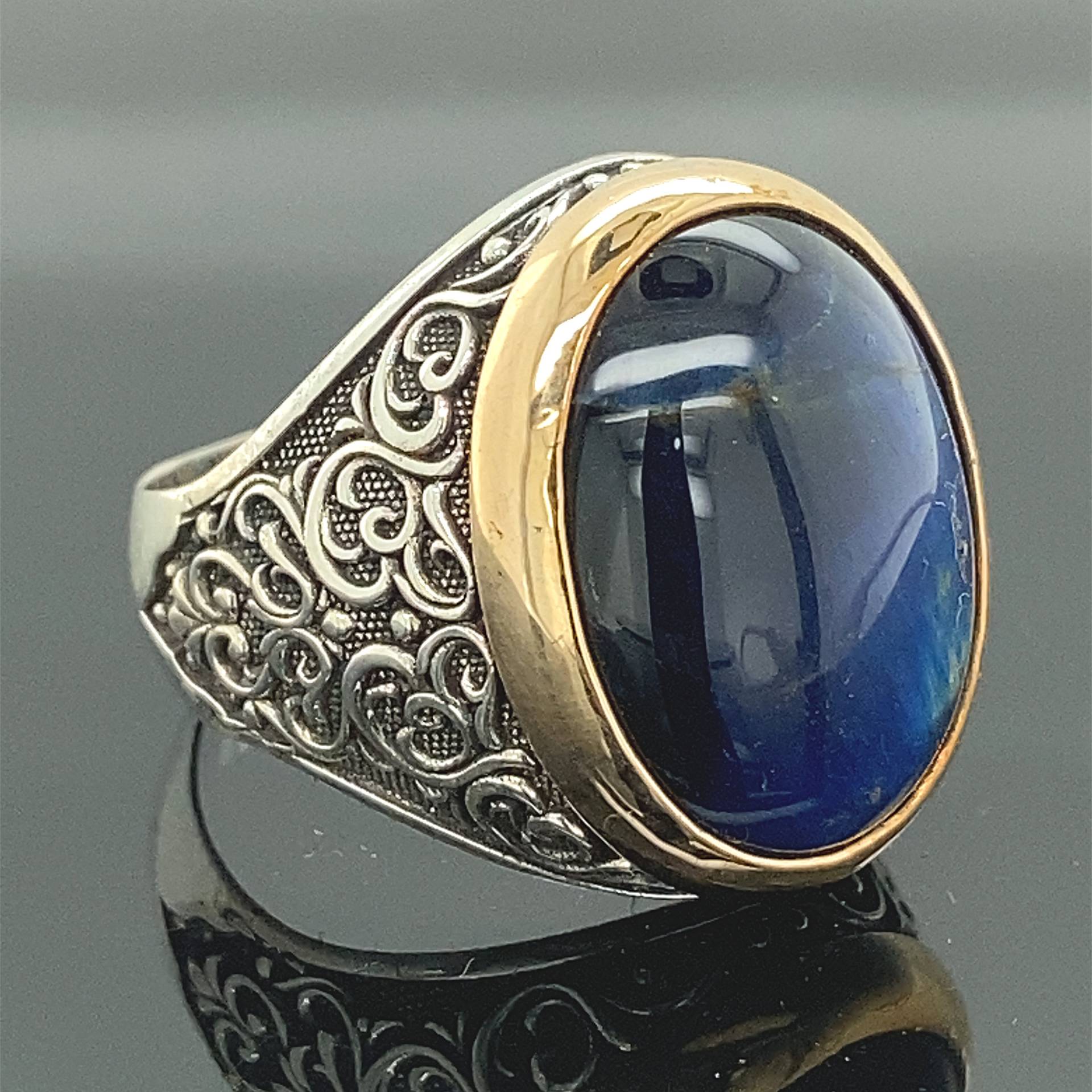 Ovaler Tigerauge Ring, Blauer Stein 925 Sterling Silber Herren Handarbeit Geschenk Für Ihn von MercansilverTR