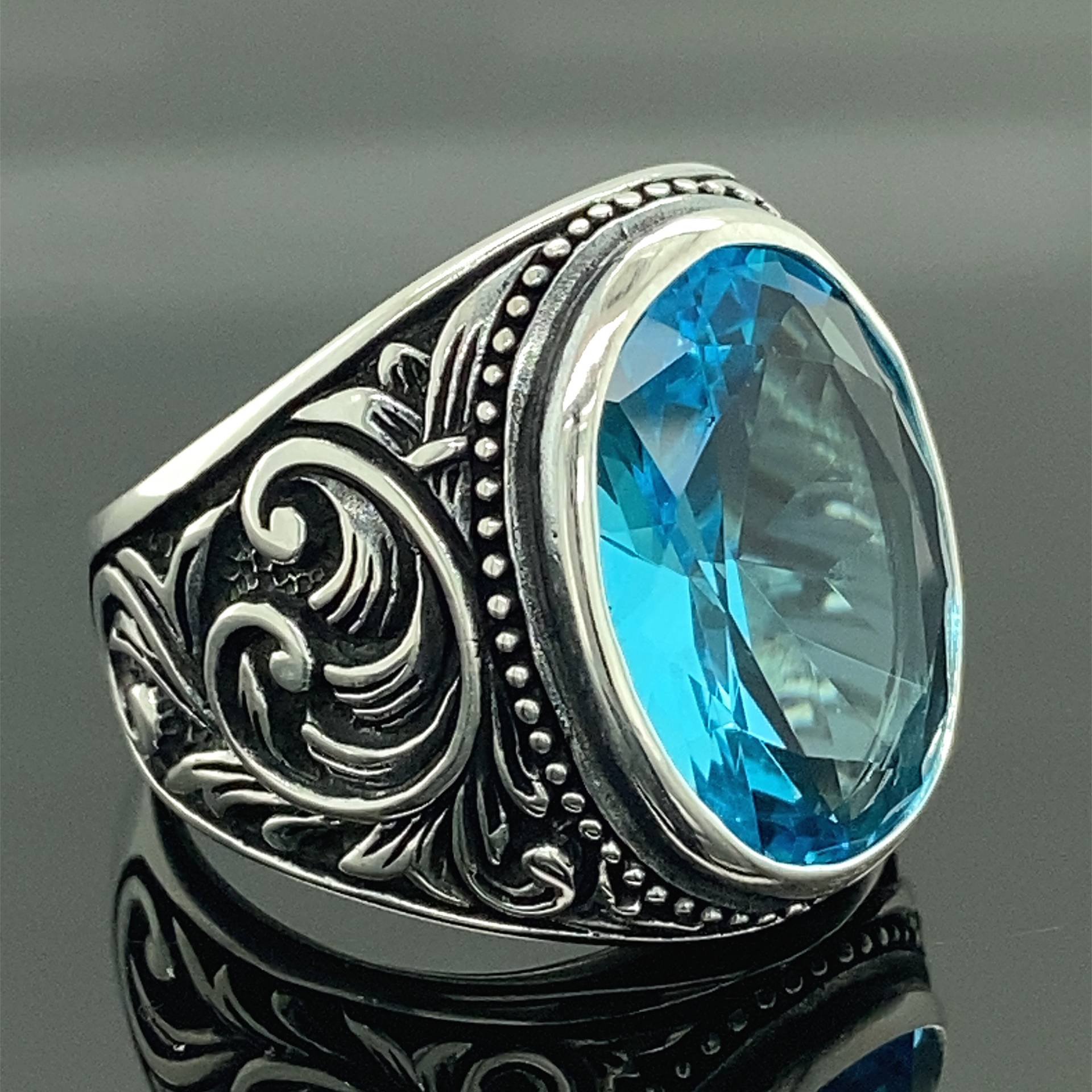 Silber Aquamarin Stein Ring, Mann Handgemachte Sterling Ottoman Style 925K Geschenk Für Ihn von MercansilverTR